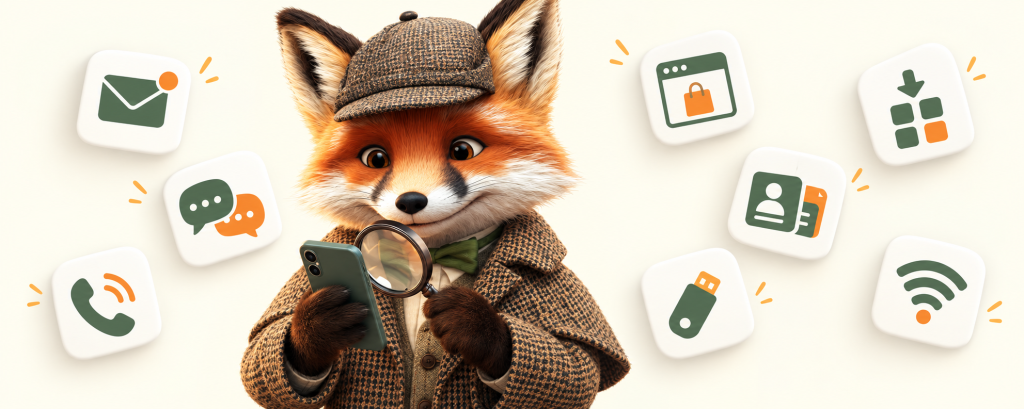 Buster Fox untersucht ein Smartphone mit einer Lupe. Acht Symbole zeigen mögliche Kontaktwege digitaler Angriffe